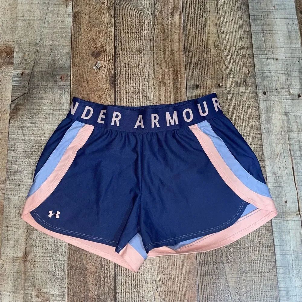Under Armor Women's Heat Gear Loose Fit Athletic Shorts Blue Peach Size medium